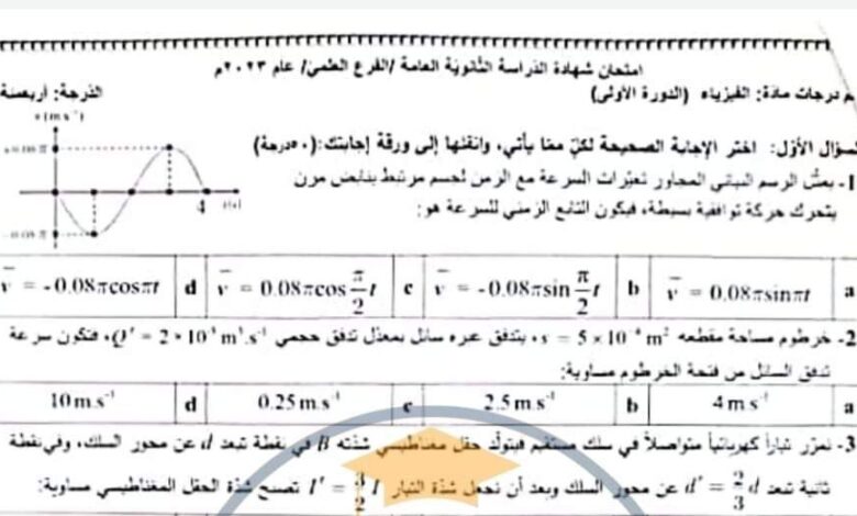 سلم تصحيح امتحان مادة الفيزياء بكلوريا علمي 2023 منهاج سورية