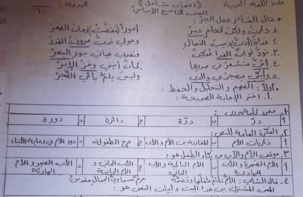 نماذج اختبار مادة عربي الصف التاسع عام 2023 منهاج سورية