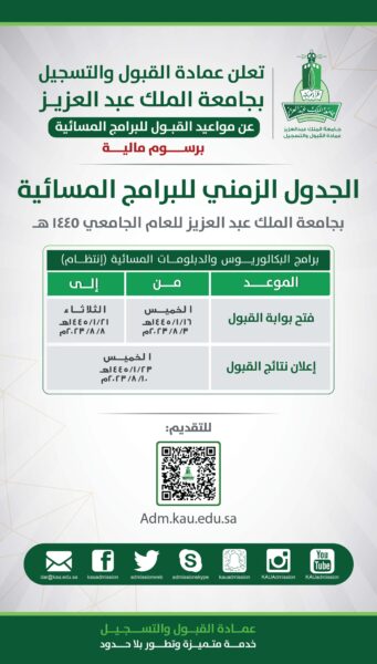 جامعة الملك عبدالعزيز تعلن مواعيد القبول في البرامج المسائية المدفوعة