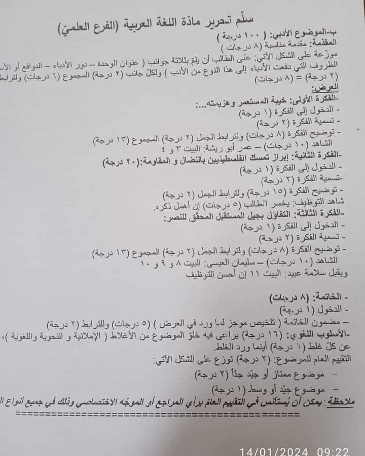 سلم تصحيح مادة اللغة العربية للمواضيع " التحريرية" بكالوريا الأدبي و العلمي النصفي الموحد 2024 في سوريا